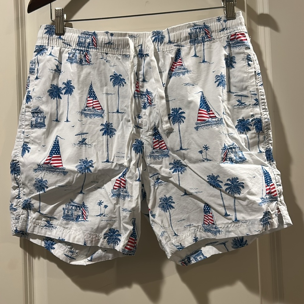 NWOT FREE PLANET drawstring PullOn cotton American Flag tropical shorts size L